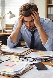 Un homme assis à son bureau tête entre les main et surmener par les dossiers accumulés sur le bureau