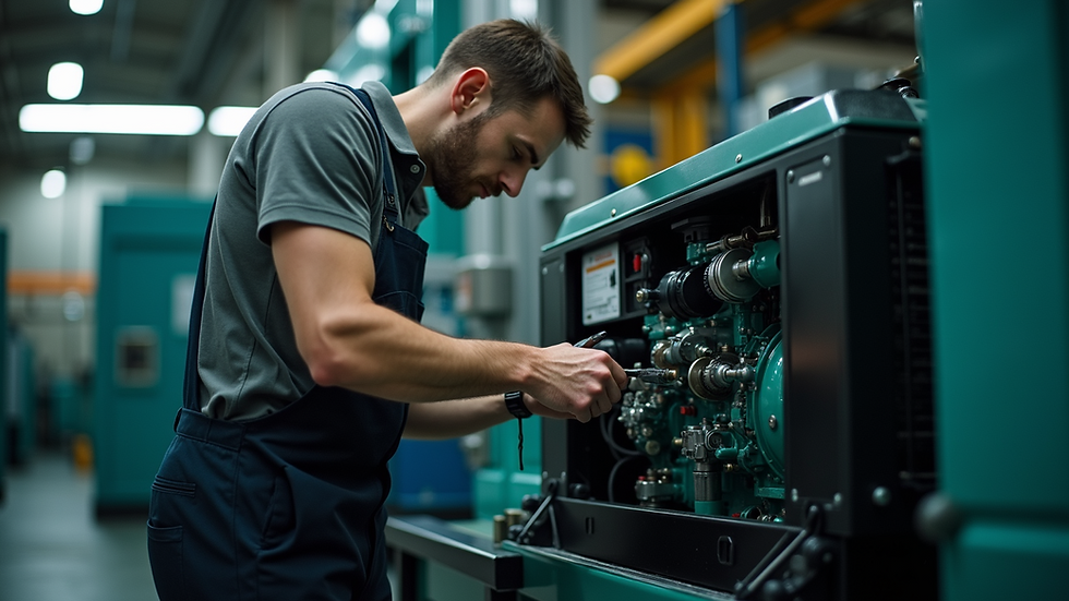High angle view of a technician performing maintenance on a generator
