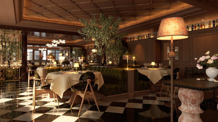 Luxurious restaurant interior with wooden decor, ambient lighting, and elegant table settings.