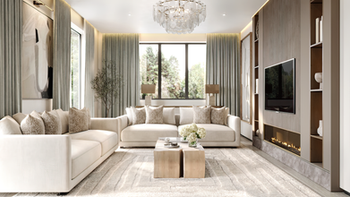 Elegant family room with large windows and plush seating.