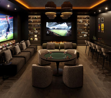 Luxurious entertainment room with a poker table, large screens, cozy seating, and elegant lighting.