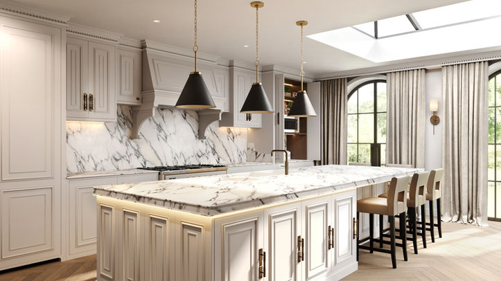 Modern kitchen with marble island and seating area.