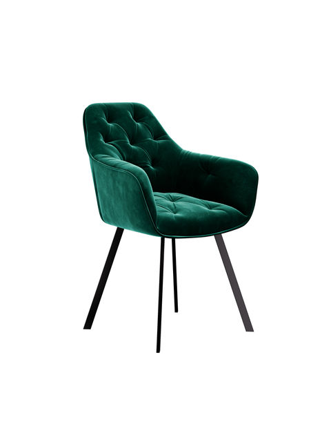 Full view of an emerald green velvet armchair with tufted details, supported by sleek black metal legs.