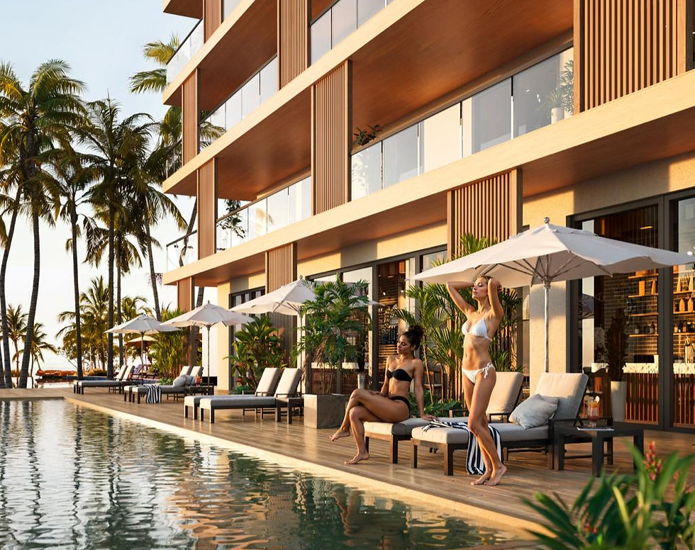 Relaxing pool at a modern, palm-lined resort, with umbrellas and lounge chairs under a clear blue sky. 3d rendering of a hotel