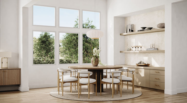 Dining nook 3D rendering for Nashville TN home with round table, wood cabinetry and large windows.
