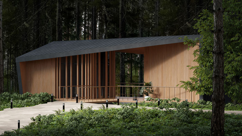 3D rendering of a minimalist wood cabin in a forest with clean architectural lines.