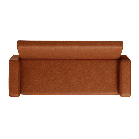 Top and close-up views of a modern cognac leather sofa with clean lines and plush armrests.

