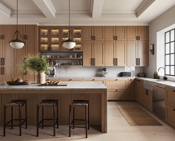 Light brown kitchen with a large island, open shelving, and modern pendant lighting.