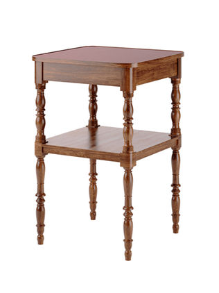 A full 3D rendering of a vintage wooden side table with turned legs, a smooth top surface, and a lower shelf for extra storage.