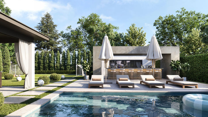 3D rendering of a poolside area with lounge chairs, umbrellas, and a garden bar.