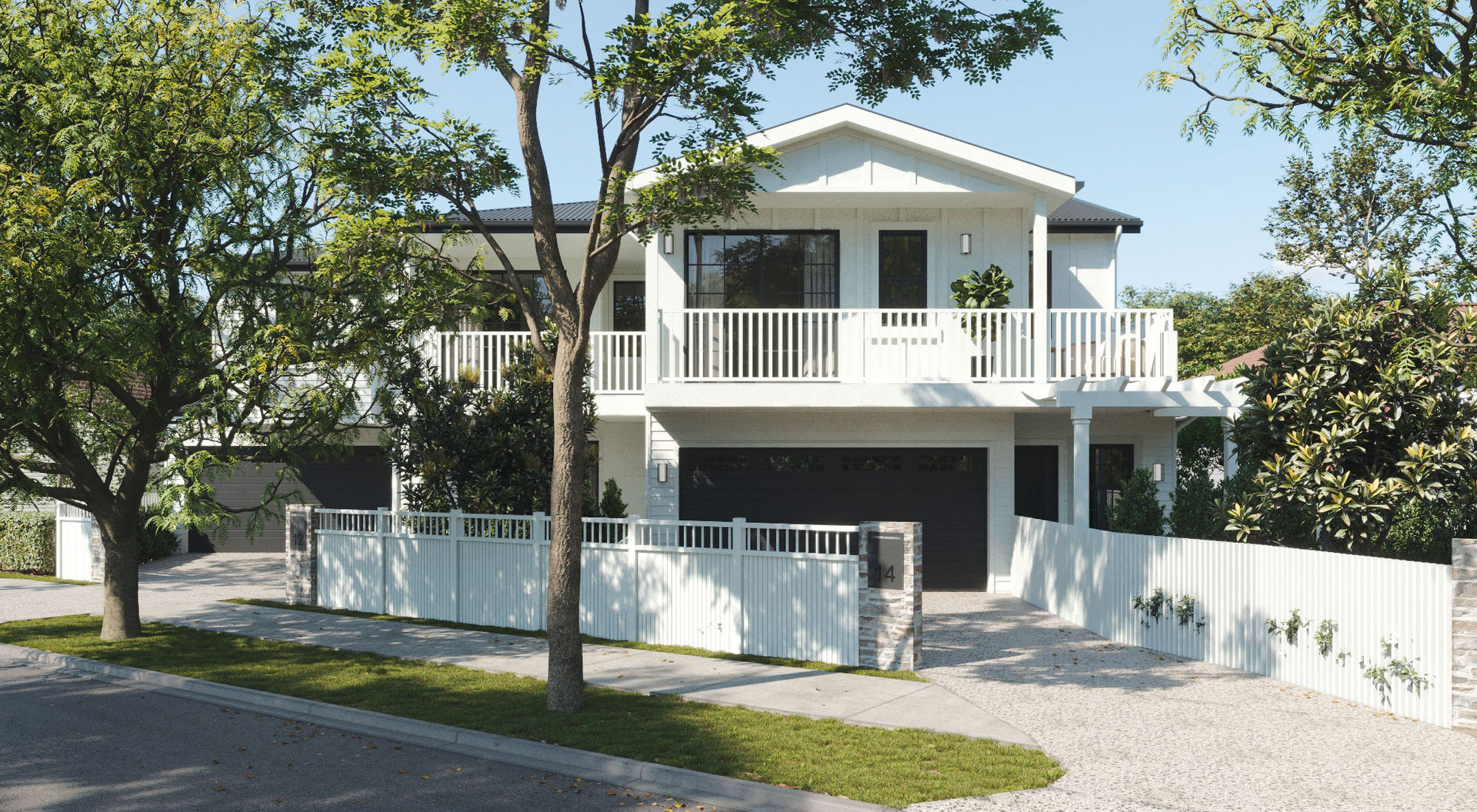 3D rendering of a white two-story home with large balconies and a tree-lined yard.