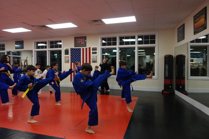 Karate instructors and students posing after a successful grading day in Emerson, NJ.