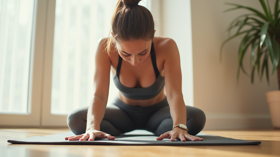 Close-up view of a woman stretching on a yoga mat in a bright room