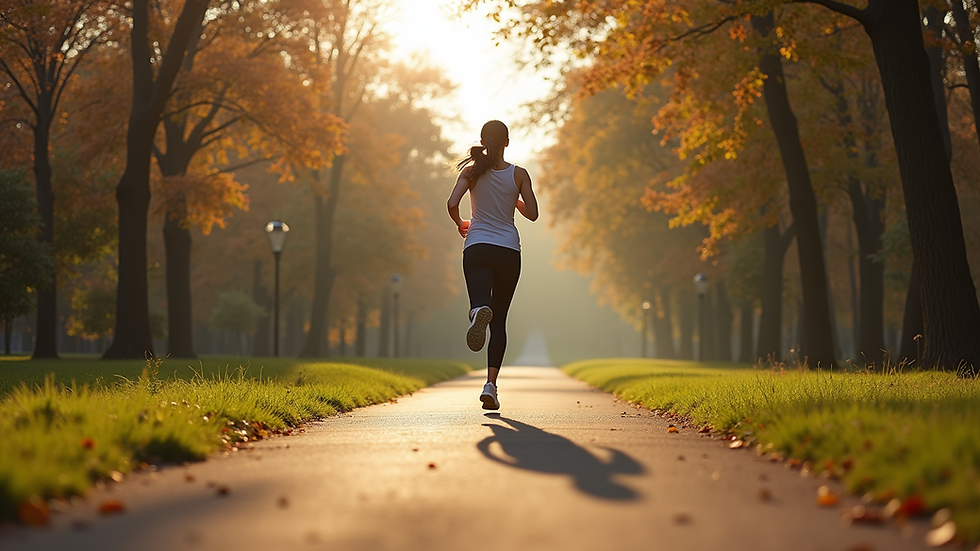 Eye-level view of a woman jogging on a city park trail