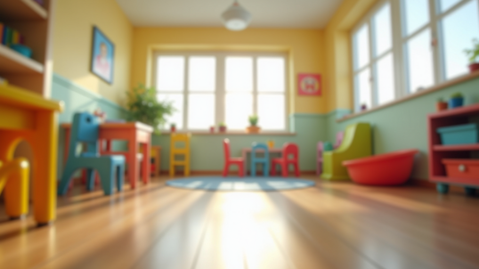 Eye-level view of a bright and welcoming childcare center playroom with colorful toys and child-sized furniture