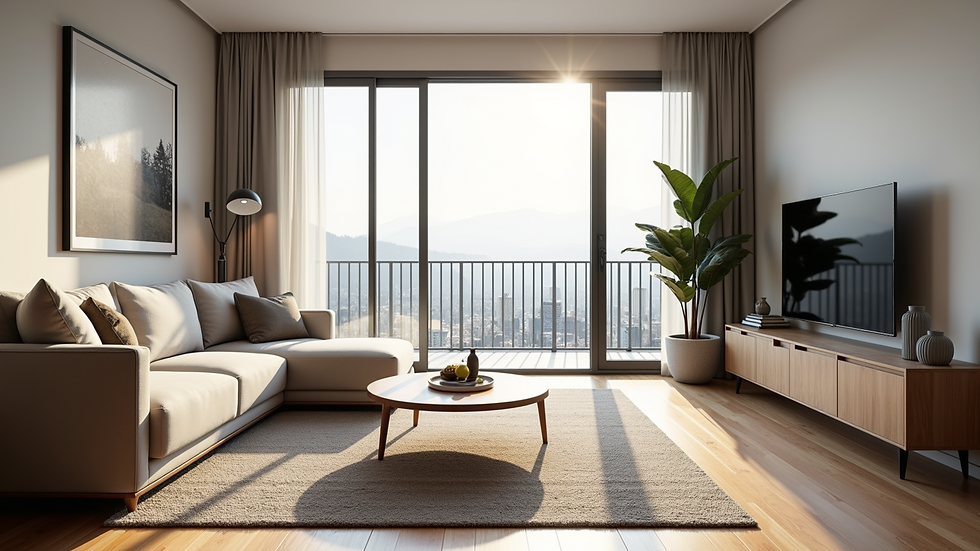 Wide angle view of modern living room interior
