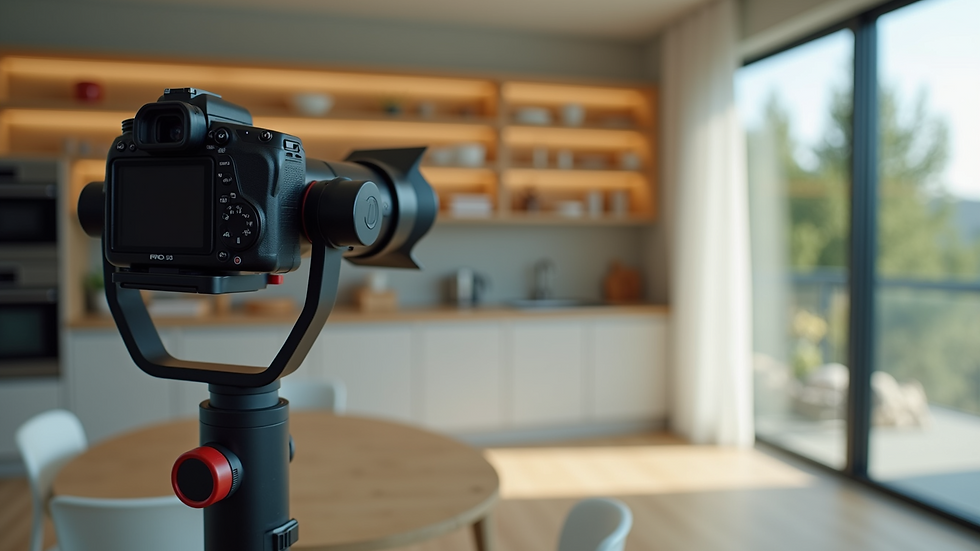 Close-up view of a camera on a gimbal stabilizer filming a modern kitchen