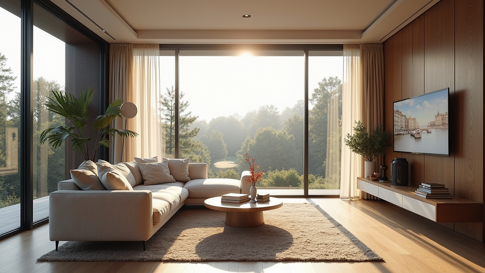 High angle view of modern living room with large windows