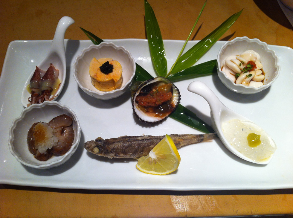 Namako, Firefly squid, Ankimo, Akagai, Shirako, Noresore (baby eel), Mehikari (Green eye fish)