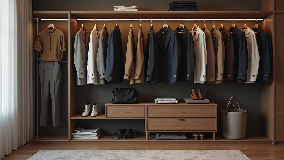 Eye-level view of a modern men's wardrobe with versatile clothing pieces
