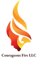 Logo for Courageous Fire, LLC featuring a stylized orange and red flame forming the profile of a woman’s face, symbolizing resilience, empowerment, and transformation.