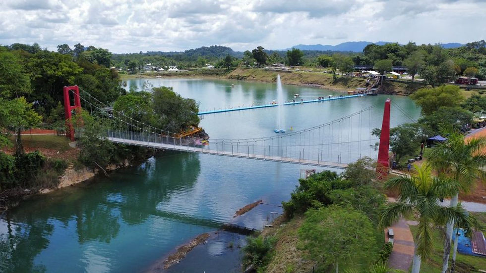 Tasik Biru on a cloudy day with fountain