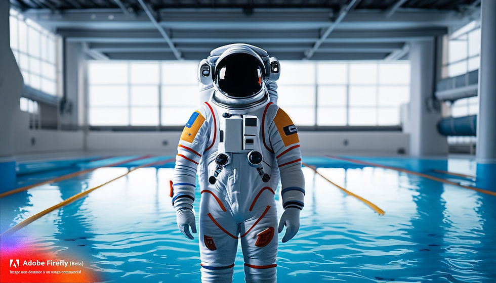 Firefly un costume d' astronaute de face au premier plan ,debout a gauche dans une piscine