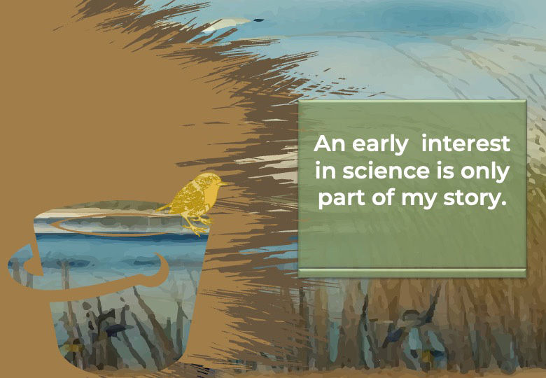 Illustration of a yellow bird on a bucket on a natural background.