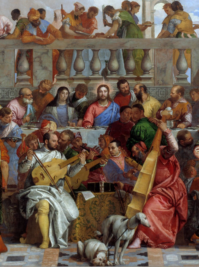 Detalhe dos músicos em primeiro plano; segundo a tradição, o de branco seria o autorretrato de Veronese.