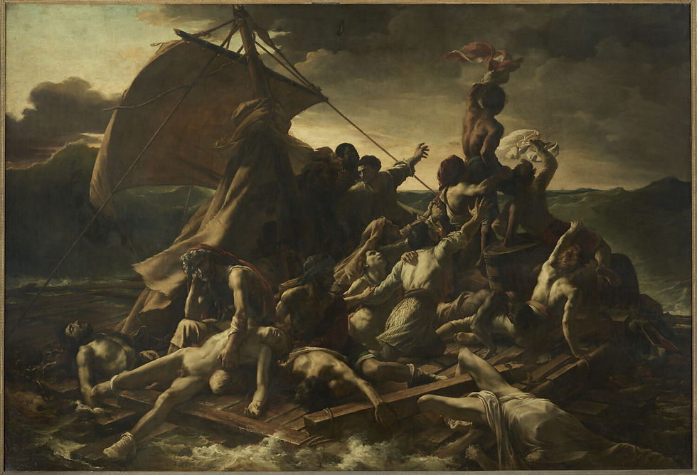 A Jangada da Medusa, de Géricault: náufragos sobre uma jangada em alto-mar.