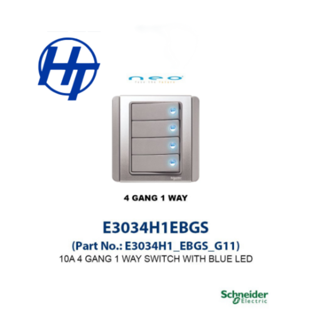 10A 4 GANG 1 WAY SWITCH WITH BLUE LED