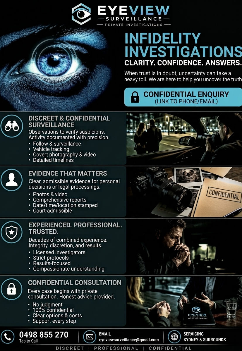 A private investigator conducting discreet surveillance for an infidelity investigation in Sydney