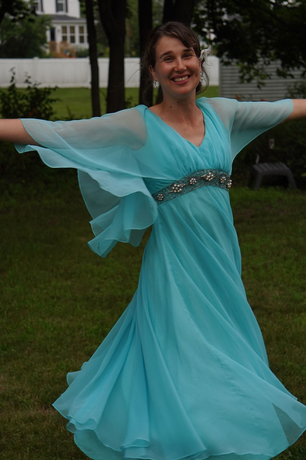 Thumbnail: 1970's Turquoise Flutter Sleeve Dress