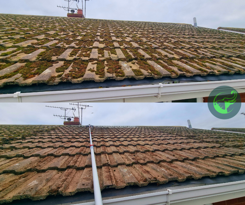 Close-up view of a section of a clean roof after maintenance