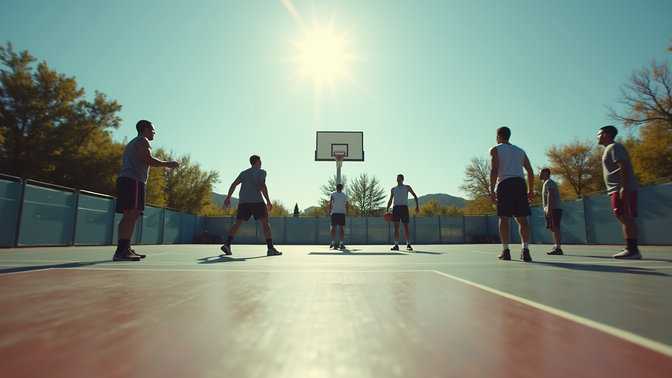 Eye-level view of a basketball court with players practicing