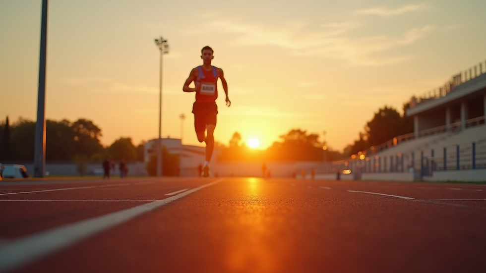 Eye-level view of athlete running on a track during sunrise