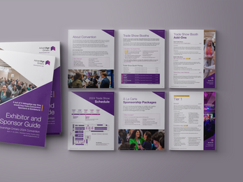Convention sponsor guide with purple branding, trade show details, and exhibitor info pages.