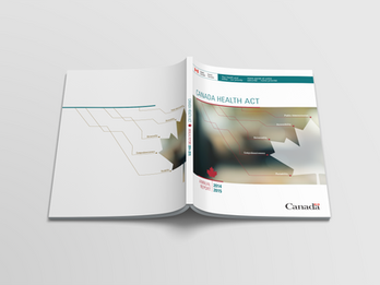 Open report showing white abstract geometric cover with health act principles labeled, featuring Health Canada branding and bilingual text.