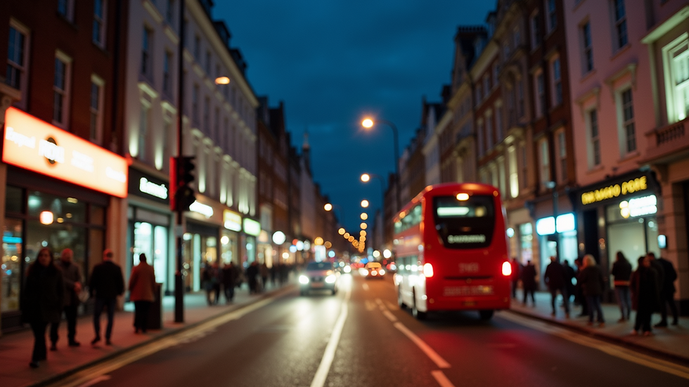 Wide angle view of a vibrant London street at night