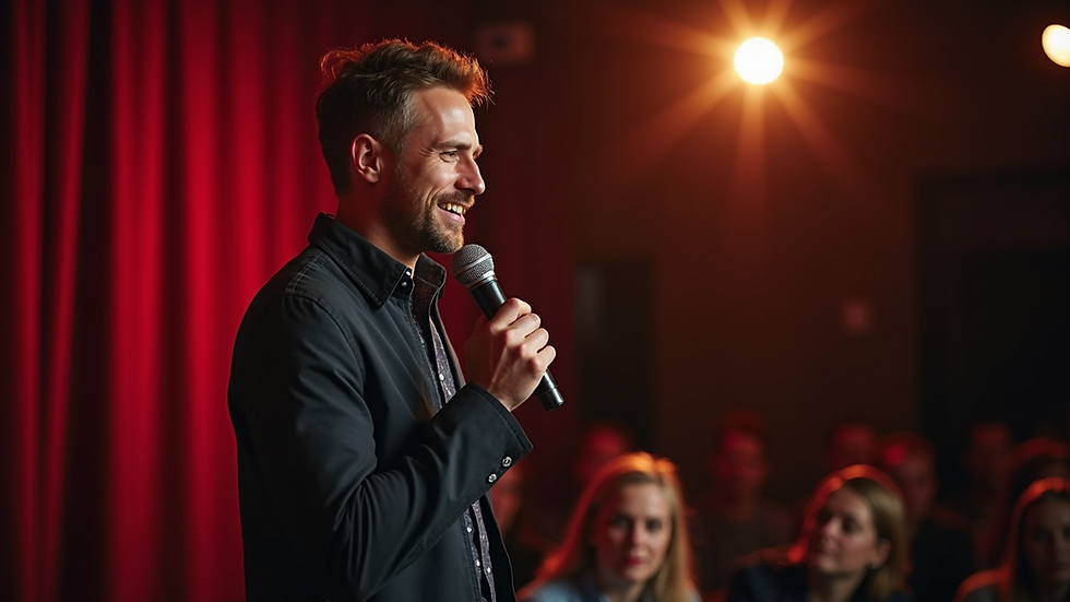 Close-up view of a comedian performing at an open mic night