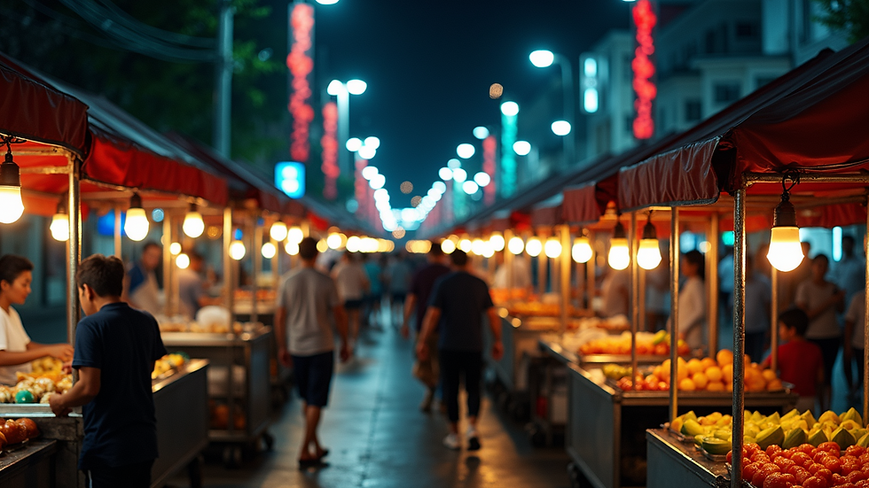 High angle view of a bustling night market with food stalls and lights