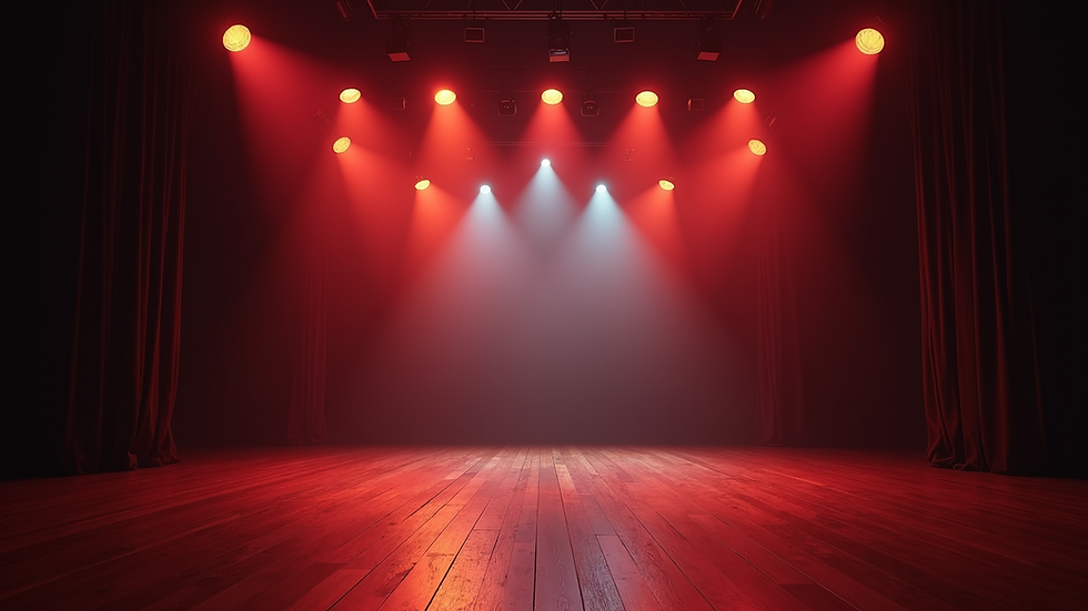 Wide angle view of a comedy club stage with bright stage lights