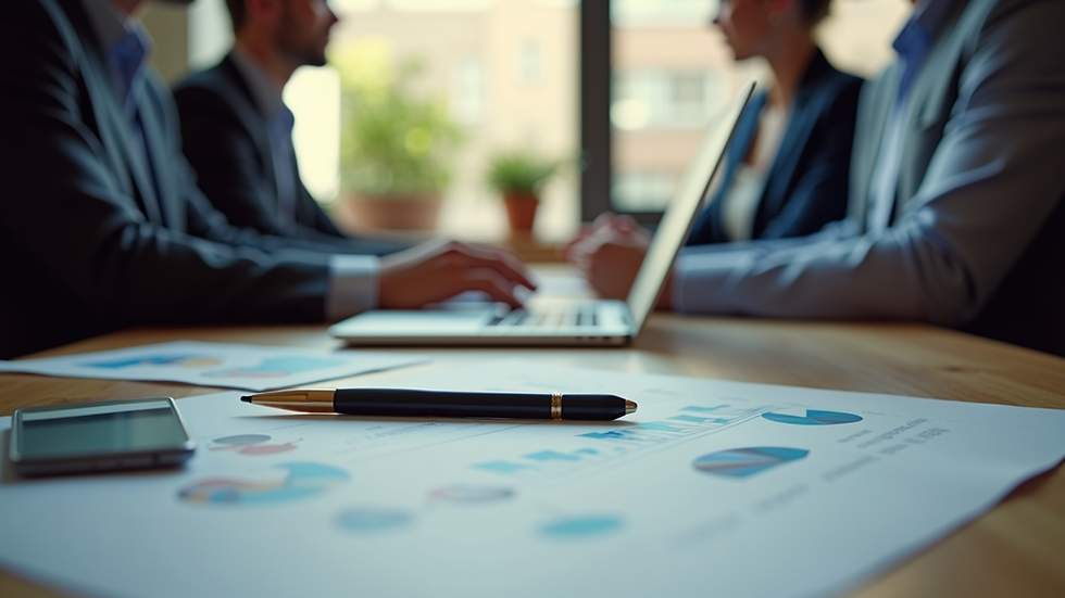 Eye-level view of a business meeting with a laptop showing marketing strategy