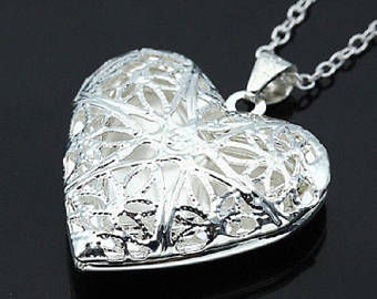 sterling silver heart chain necklace, locket, oil defuser open weaved necklace