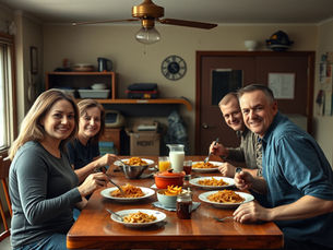 Two women and two men eating spaghetti at a dinner table. 