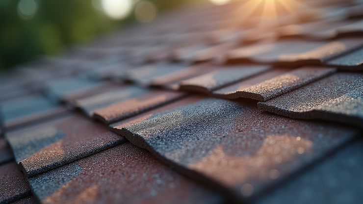 Close-up view of GAF shingles showing texture and color variety