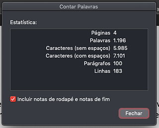 Print do microsoft word mostrando a estatística de um documento como quant. páginas, palavras, etc