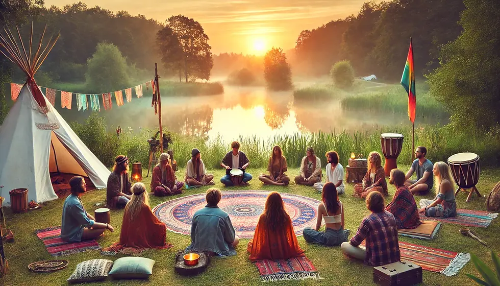 DALL·E 2025-01-01 16.20.08 - A serene festival scene at sunrise by a tranquil lake, featur