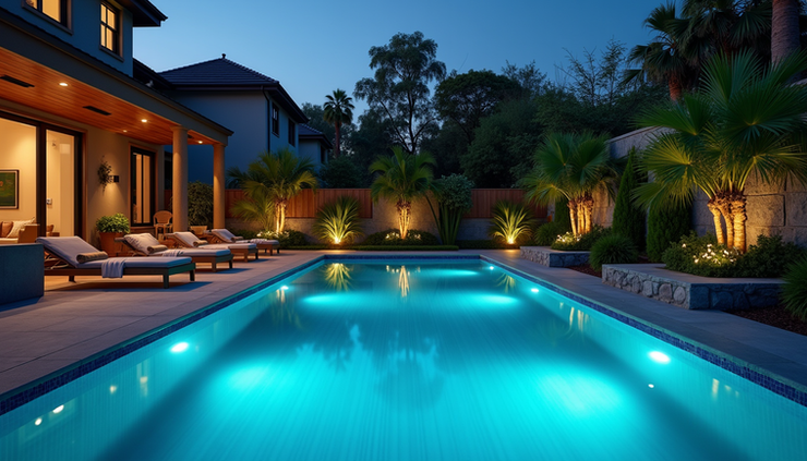 Eye-level view of a backyard pool with integrated lighting and surrounding lounge chairs