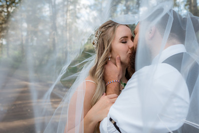 groom goes under bride's veil in wedding photos